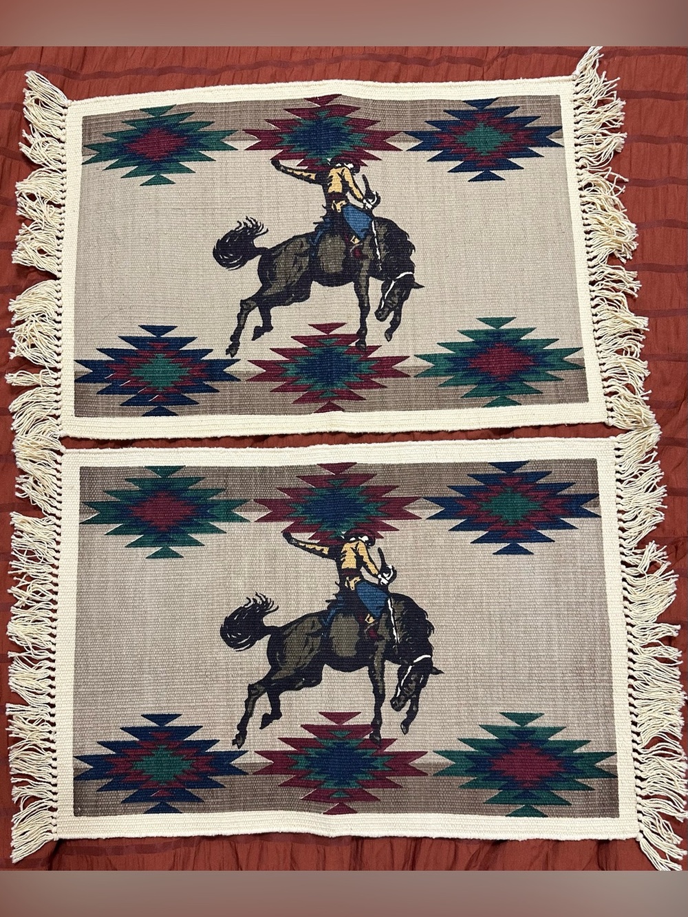 Western Aztec Bucking Bronco Cowboy Decorative Placemat - Tan, Green, Blue